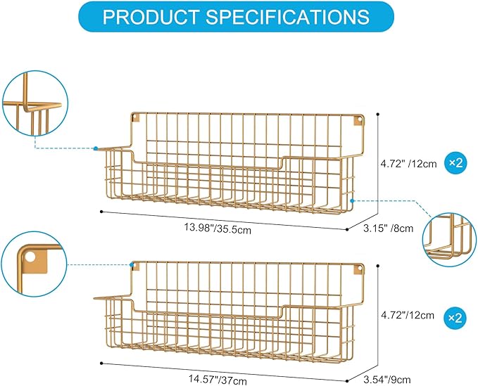 Spice Rack, 4-Pack Seasoning Organizer Wall Mounted for Kitchen Storage Organization, Metal Spice Holder Shelf for Cabinet, Pantry, Gold