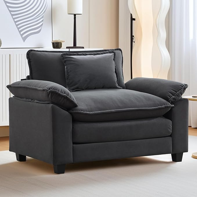 URRED Modular Sectional Sofa Comfy Cloud Couch, Modern Velvet Sofa Sleeper Deep Seat Couches with Ottoman/Pillows for Living Room (Dark Gray, 53'')