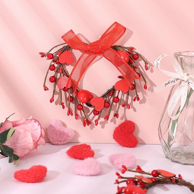 6 Pcs Valentine's Day Heart Wreath Artificial Red Berries Heart Wreath Kitchen Cabinet Wreaths Hanging Valentines Day Wreaths for Front Door Window Wedding Birthday Home Decoration