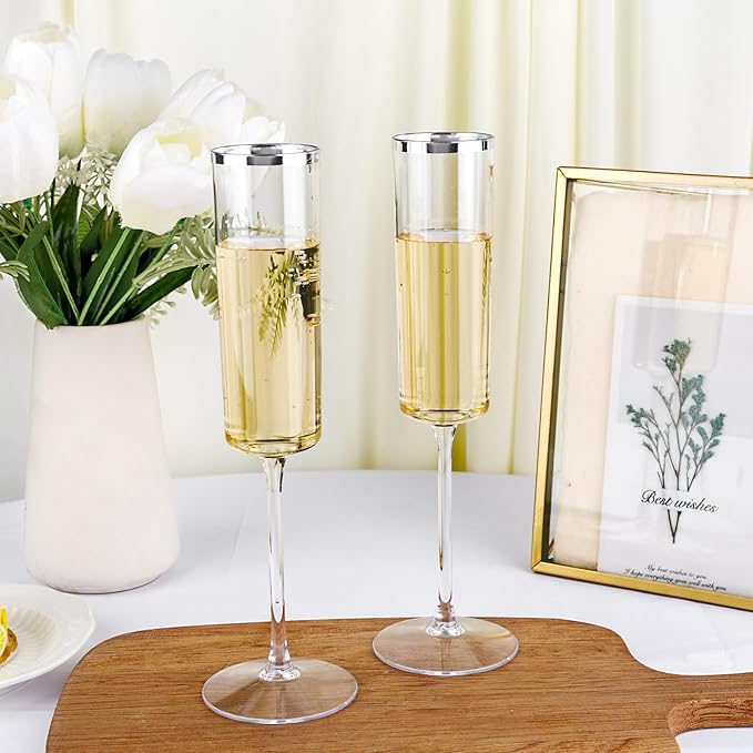 Ciaell 24 Pack Silver Plastic Champagne Flutes - 6 Oz Disposable Champagne Glasses - Square Silver Rim Plastic Toasting Glasses for Party Birthday Anniversary Wedding