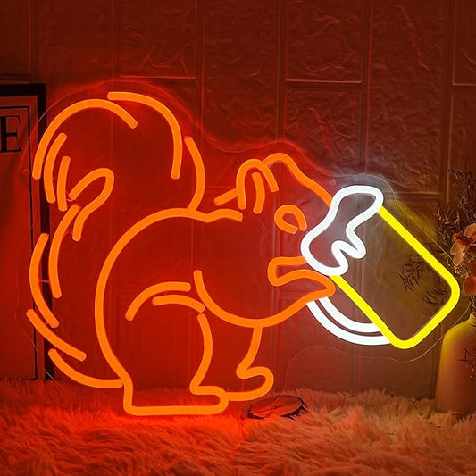 Squirrel Beer Neon Sign for Wall Decor Bar Neon Light Orange Squirrel Drinking Wine Led Light Animal LED Sign Dimmable LED Neon Light for Bar Bedroom Kidsroom Business Game Room