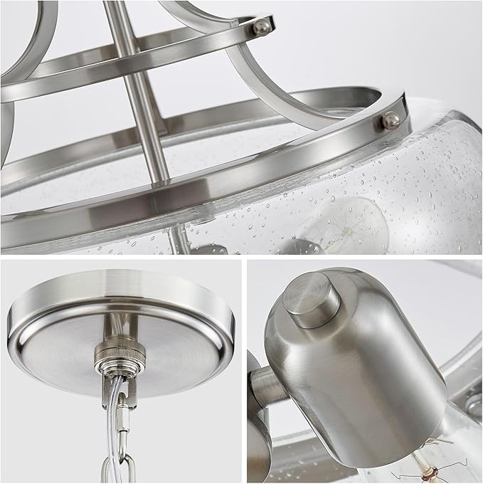 WUZUPS Chandelier Rustic Farmhouse Industrial Round Ceiling Pendant LED Light Fixture Clear Seeded Glass Shade for Dining Room Kitchen Island Foyer Entryway, H 20.9" x W 15.9", Brushed Nickel