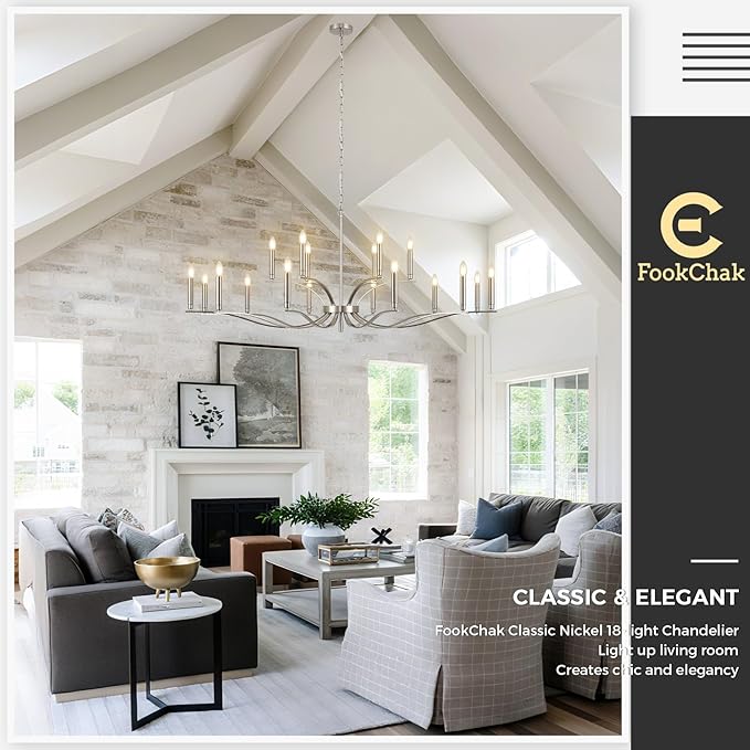 18 Light Nickel Living Room Chandelier High Ceiling Foyer Candle Chandelier Large Modern 59in Metal Chandeliers Hanging Light for Master Bedroom Dining Room Light Fixture Over Table