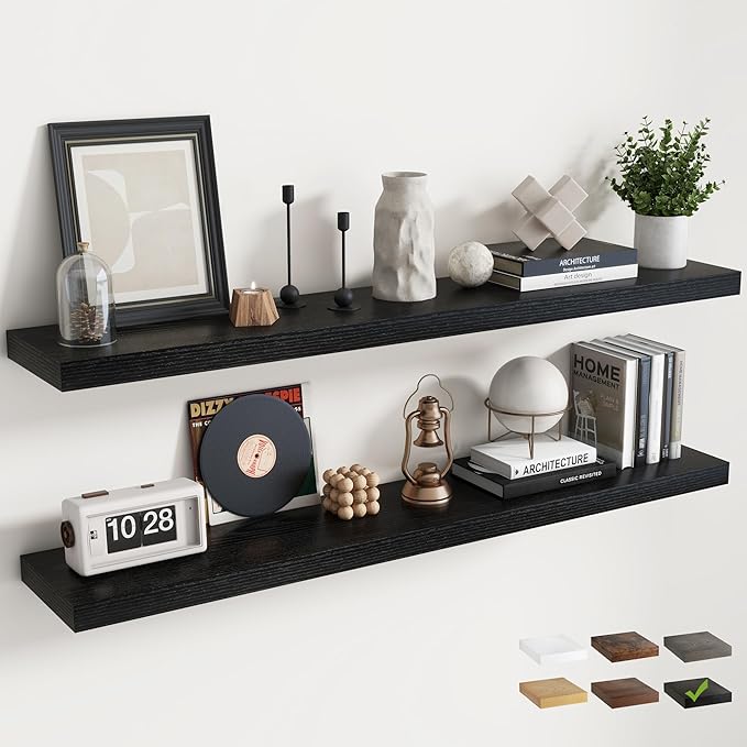 55 Inch Floating Shelves for Wall Set of 2, 8"D Wood Grain Bathroom Shelves with Invisible Brackets, Easy Install Engineered Wood Storage Shelves for Kitchen, Living Room, Bedroom, Black Finish