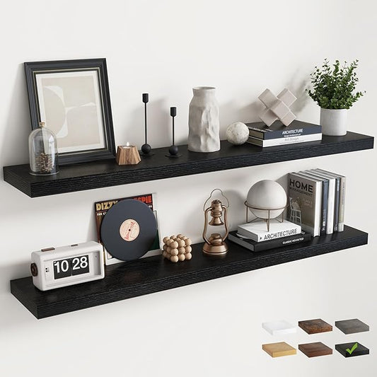 55 Inch Floating Shelves for Wall Set of 2, 8"D Wood Grain Bathroom Shelves with Invisible Brackets, Easy Install Engineered Wood Storage Shelves for Kitchen, Living Room, Bedroom, Black Finish