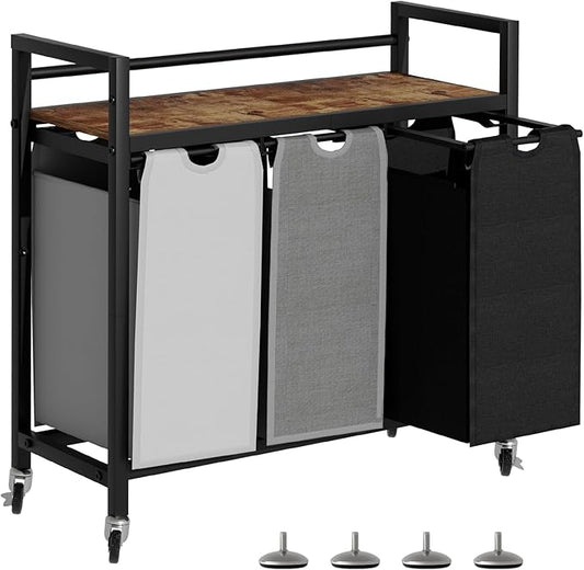 Laundry Hamper, Laundry Basket, Laundry Sorter with 3 Removable Bags, Clothes Basket with 3 Compartments, Wheels, Shelf for Laundry Room Bathroom Bedroom (3 Bags-Black Grey White)