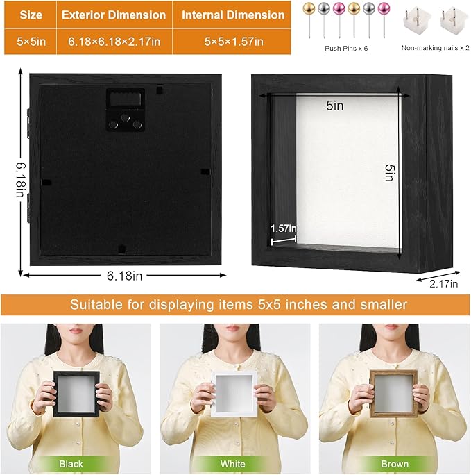 5x5 Deep Shadow Box Picture Frame Display Case with Linen Back ,Real Glass Small Mini Black Shadow Memory Box Frame 5x5 for Insect Display Pet Photo Memorial Flower Art Craft Wall Decor Gift