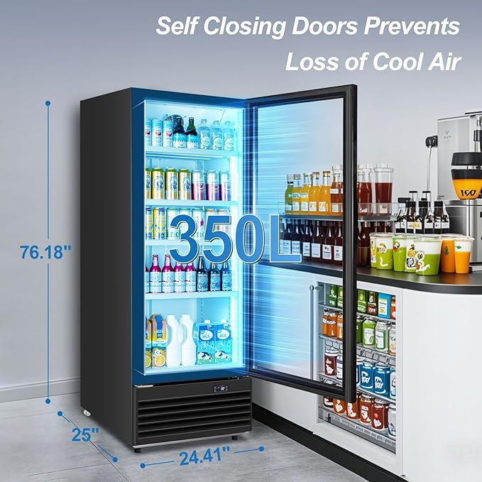 Tylza Commercial Refrigerator with Glass Door Display Beverage Fridge, 350L Upright Beverage Cooler Merchandiser with Rebound Door, Fast Cooling, Low Noise, Black