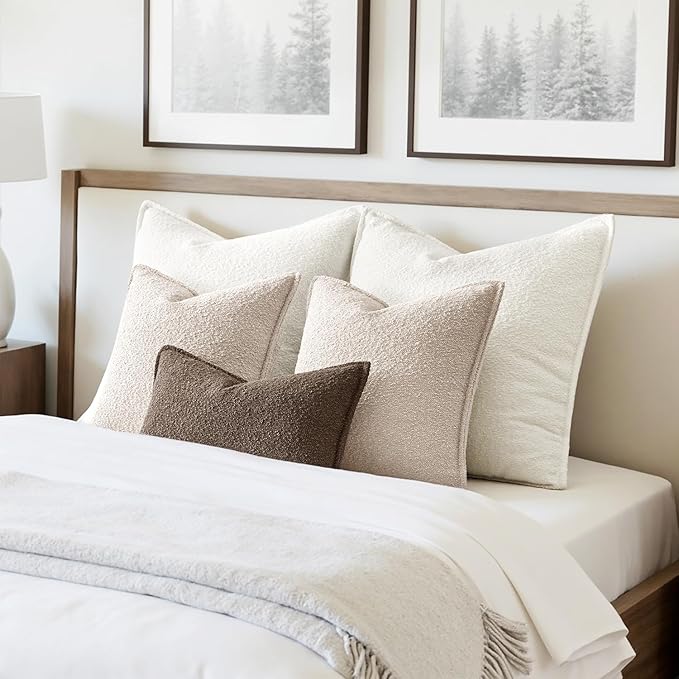 MIULEE Pack of 2 Decorative Textured Boucle Throw Pillow Covers 20x20 Inch Natural Beige Broadside Thick Boho Pillows for Farmhouse Accents Sofa Couch Bedroom Living Room Home Decor