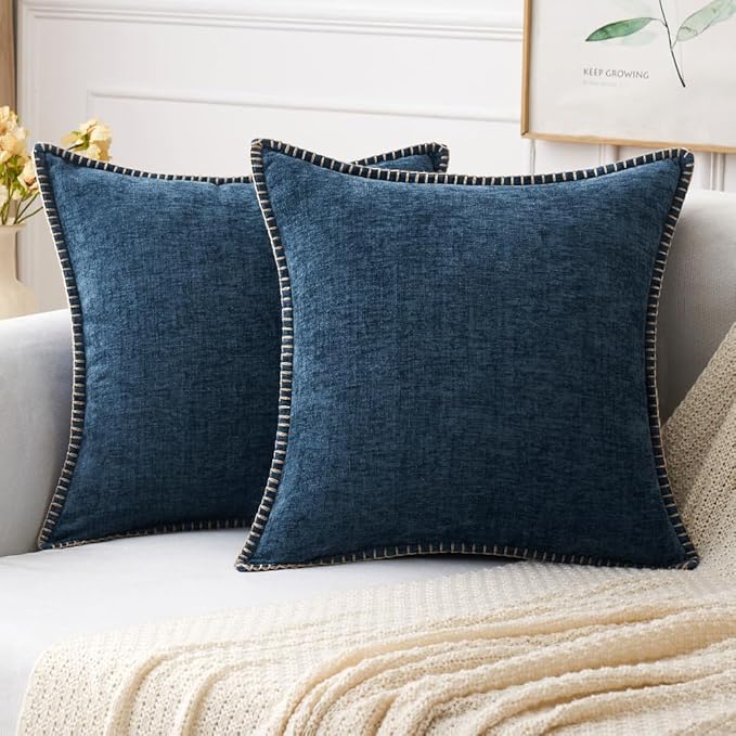 MIULEE Pack of 2 Couch Throw Pillow Covers 20x20 Inch Coastal Navy Blue Farmhouse Decorative Pillow Covers with Stitched Edge Soft Chenille Solid Dyed Spring Pillow Covers for Sofa Bed Living Room
