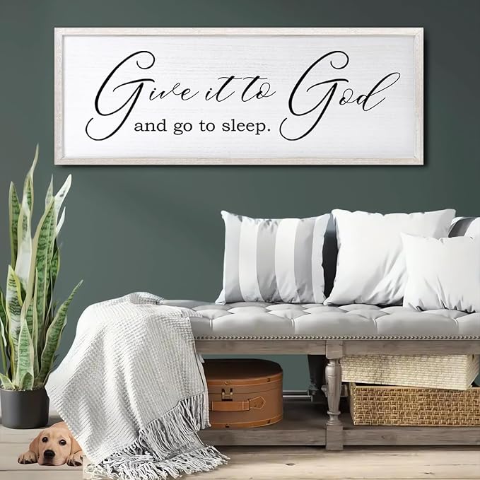 Give It To God And Go To Sleep Sign Wall Decor 40x15 Inch Large Farmhouse Master Bedroom Above Bed Hanging Wall Art Rustic Guest Room Wood Framed Over Bed Wall Decoration (White)