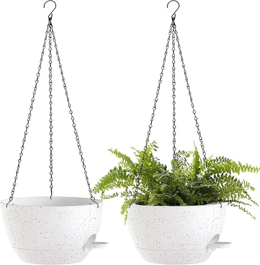 12 Inch Hanging Baskets 2 PC with Chains, Self-Watering Hanging Planters for Indoor Outdoor Plants, Plastic Hanging Flower Pots,Speckled White