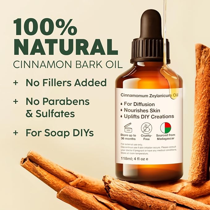 Kukka Cinnamon Essential Oil for Skin & Diffuser - 4 Fl Oz - 100% Pure Natural Cinnamon Oil, Aromatherapy and Candles & Soap Making Scent DIY