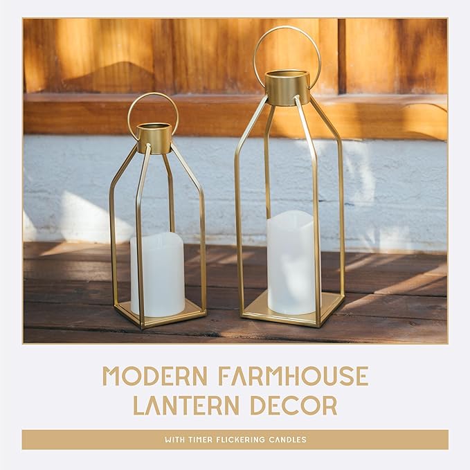 HPC Decor Modern Farmhouse Lantern Decor- Gold Metal Candle Lanterns for Christmas- Lanterns Decorative w/Timer Flickering Candles for Living Room, Home, Indoor, Outdoor, Table,Fireplace Mantle Decor