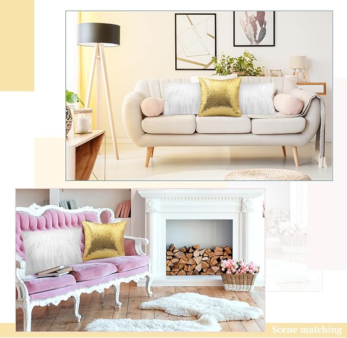 Irenare 4 Pcs Sequin and Fluffy Pillow Covers Winter Throw Pillow Cases Soft Cushion Cover for Couch Bed Sofa Xmas Day(18 x 18 Inch, 12 x 20 Inch,White, Gold)