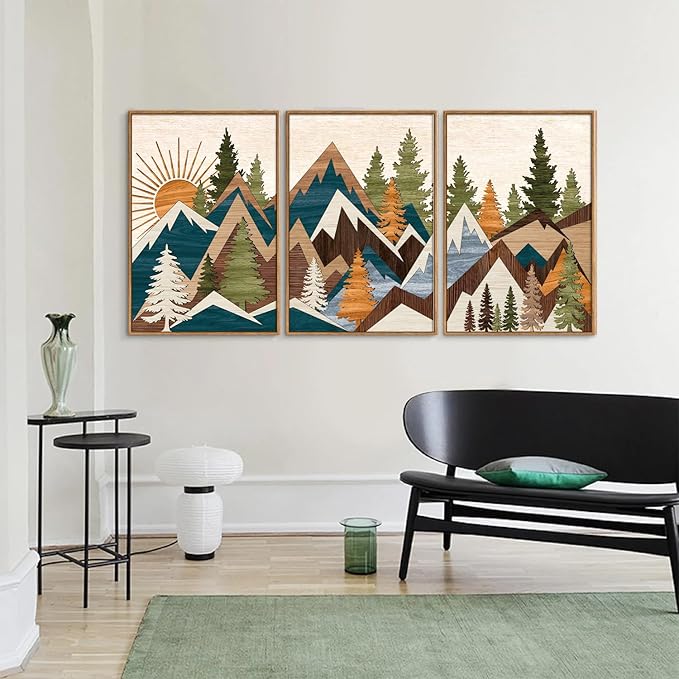 Tinonedraw Large Metal Mountain Framed Canvas Wall Art of 3, Boho Rustic Sunrise Forest Wall Decor, Modern Nature Country Artwork, Vintage Wilderness Art Print for Living Room Bedroom Office 16"x24"