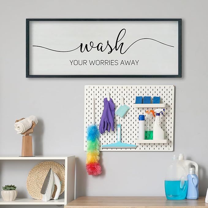 SRSZHIYUE Wash Your Worries Away Bathroom Sign Wall Art 40"x15" Funny Restroom Toilet Large Wood Framed Hanging Decor (Black)