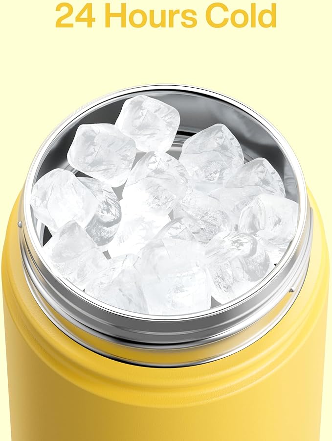 Kids Insualated Water Bottle with Straw - 12oz Stainless Steel Water Bottle with Dual Spouts, Leak-Proof, BPA-Free, Double Wall Vacuum Keeps Cold for 24 Hours for Sports, Travel, School (Elfin Yellow)