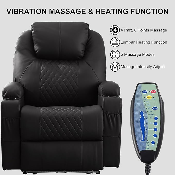 Power Recliner Chair with Heat and Massage, PU Leather Home Theater Seating with LED Lights/Cup Holders/Side Pocket/USB Port, Reclining Sofa Chair for Living Room (2, Black)