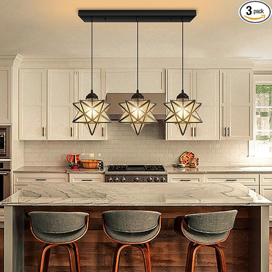 Modern Farmhouse Glam Chandelier Dining Room Glass Star Pendants Light Fixture Kitchen Island LED Ceiling Hanging Lights Included Warm Light Bulbs Black