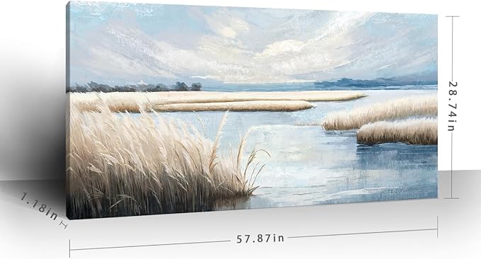 amatop Extra Large Coastal Marsh Landscape Wall Art – Neutral Blue Beige Wetland Canvas Print for Bedroom Living Room Office – Serene Nature Wall Decor,Oversized Ocean Artwork for Home Decoration