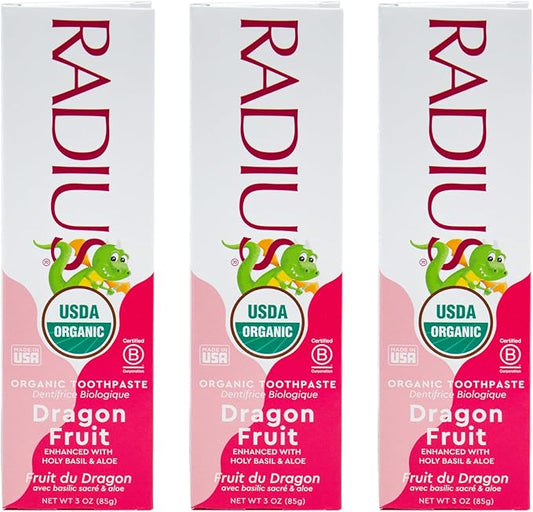 RADIUS USDA Organic Kids Toothpaste 3oz Non Toxic Chemical-Free Gluten-Free Designed to Improve Gum Health for Children's 6 Months and Up - Dragon Fruit - Pack of 3