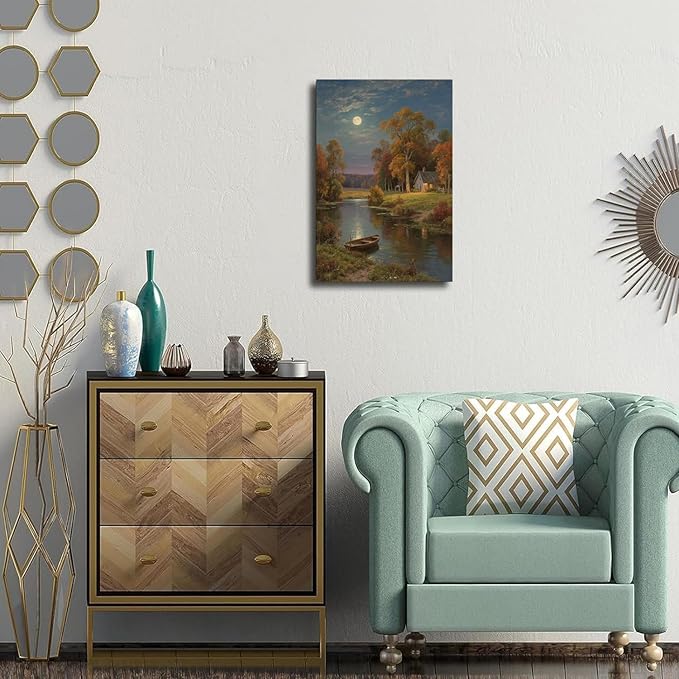 Small house by the stream under the moonlight tranquil style suitable for living room bedroom and office landscape poster wall art