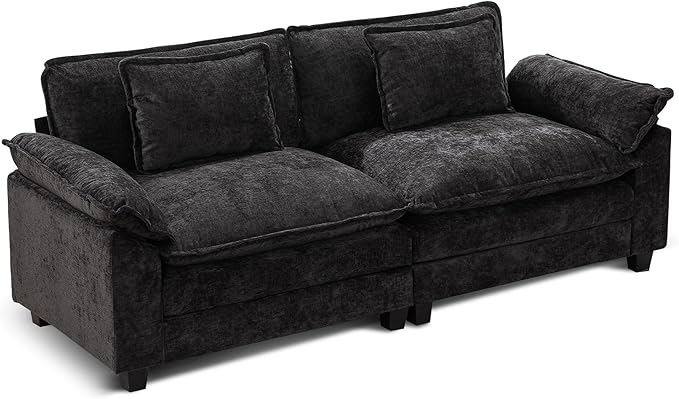 URRED Modular Sectional Sofa Comfy Cloud Couch, Modern Chenille Sofa Sleeper Deep Seat Couches with Ottoman/Pillows for Living Room (Black, 82.6'')