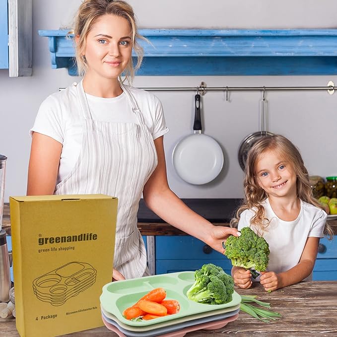 greenandlife 12 Inch (4PCS) Large Unbreakable Divided Plates for Kids Adults, Dishwasher & Microwave Safe Plate, Lightweight Reusable Plastic Compartment Plates, BPA Free and Healthy