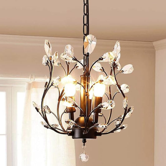 Ganeed Vintage K9 Clear Crystal Chandeliers,Ceiling Lighting,Pendant Lighting Flush Mounted Fixture with 3 Light for Living Room Dinning Room Restaurant Porch Hallway (Black)