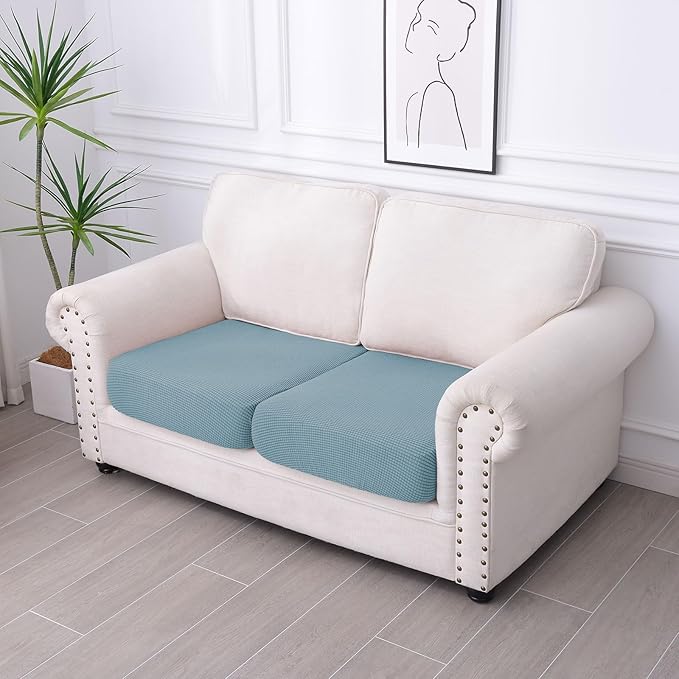 hyha Waterproof Couch Cushion Covers for Pets, Non Slip Sofa Seat Cover for Dogs Washable, Soft Thick Stretch Jacquard Fabric, Sofa Slipcovers with Elastic Bottom (2 Pieces, Lake Blue)