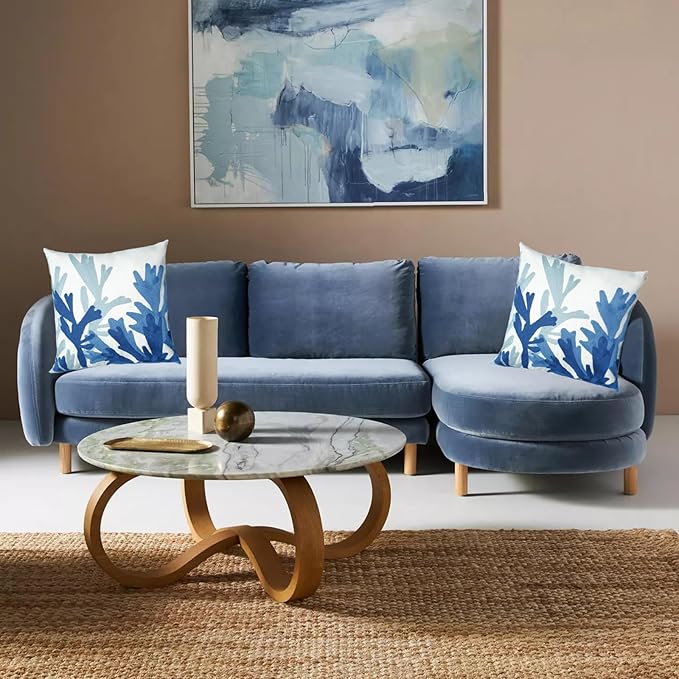 Embroidered Decorative Throw Pillow Cover, 18"x18" Set of 2, Farmhouse Pillowcase Blue Corals Knit Pattern Cotton Canvas Cushion Case Square Floral Pillow Case for Sofa Couch Bed Living Room