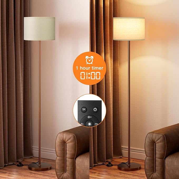 Ambimall Floor Lamps for Living Room with Remote Control and Stepless Dimmable Colors Temperature & Brightness, 9W Bulb Included(Beige Lampshade & Brown Pole)