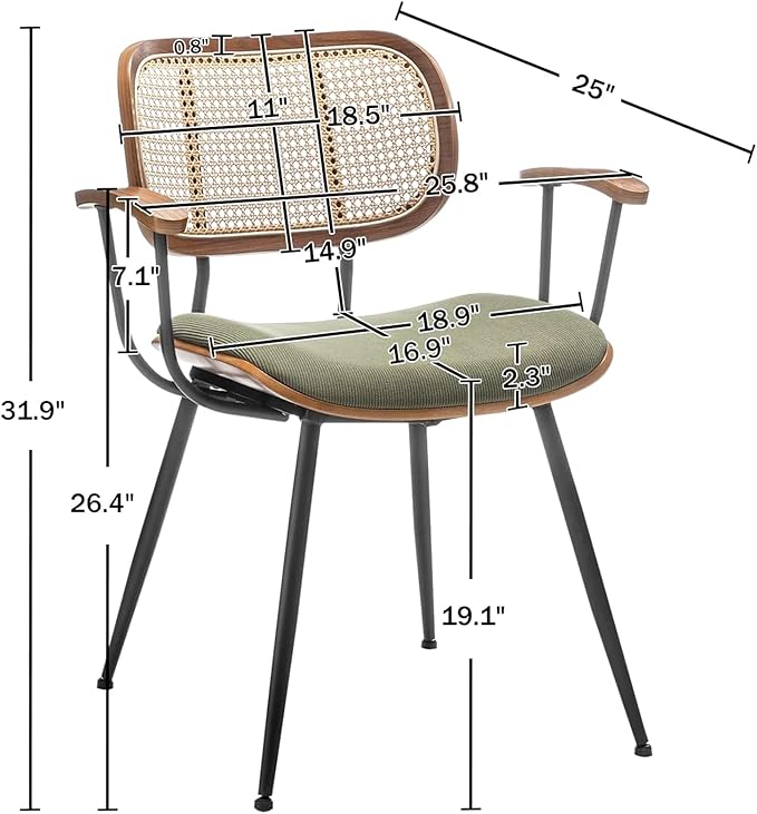 Rattan Dining Room Chairs Set of 2,Mid Century Modern Kitchen Side Chairs,Metal Legs Desk Chairs,Green Modern Corduroy Fabric Accent Chairs with Arms and Rattan Backrest