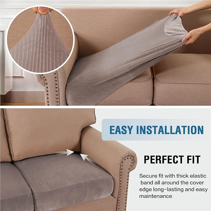 H.VERSAILTEX Velvet Stretch Couch Cushion Cover Plush Cushion Slipcover for Chair Loveseat Sofa Cushion Furniture Protector Seat Cushion Sofa Cover (2 Piece Large Sofa Cushion Covers, Taupe Striped)