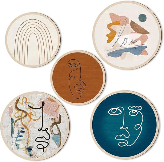 Qunclay 5 Pcs Wall Art Decor Wooden Living Room Wall Decor Bohemian Hanging Farmhouse Geometric 10'' and 8'' Aesthetic Wood Minimalist Posters for Bedroom(Abstract)