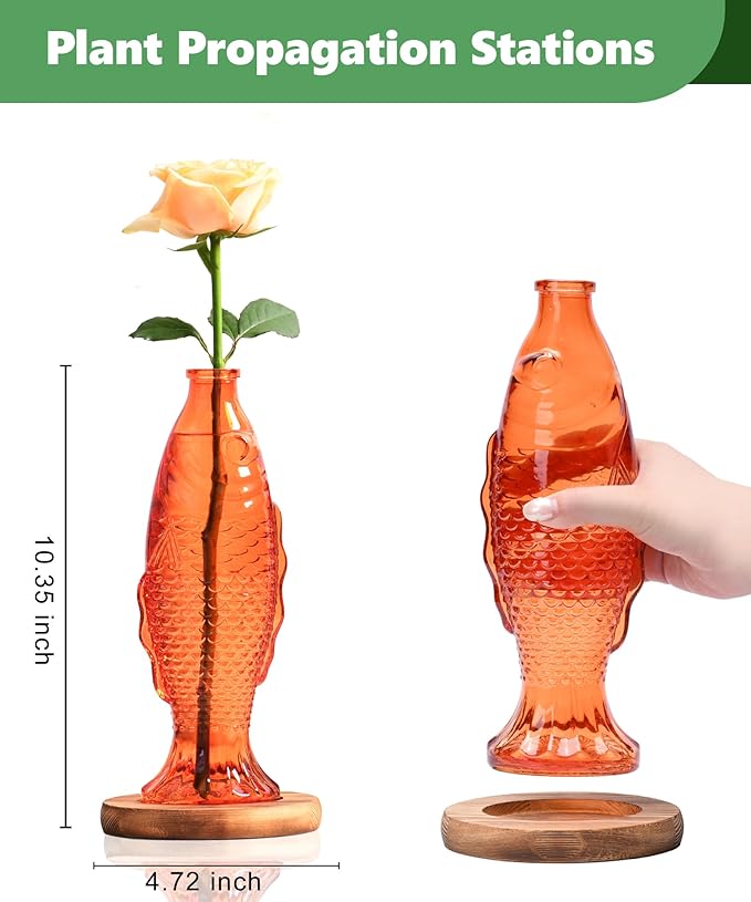 Nacome Fish Vase Glass Plant Terrarium with Wooden Stand,Planter Propagation Station for Home Office Hydroponics Desk Decoration,Unique Gardening Gifts for Plant Lovers Women Mom(Orange)