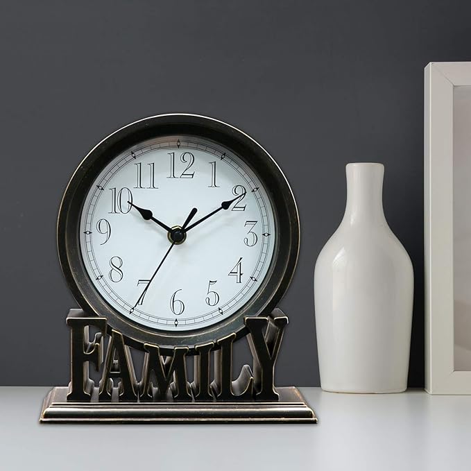 6.5 Inches Table Clock, Vintage Non-Ticking Family Mantel Desk Clock Battery Operated with Quartz Movement HD Glass for Kids Bedroom Living Room Office (Antique Black)