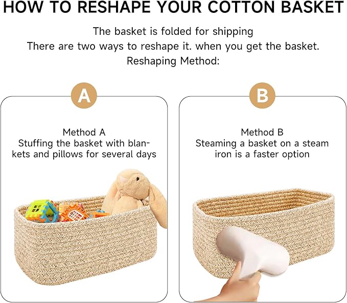 Small Storage Baskets for Organizing | Closet Organizer Bins | Shelf Toy Basket | Woven Rope Baskets | Cube Decorative Box | Shallow Basket | 13x8.5x5.1” | 4 Packs White Brown