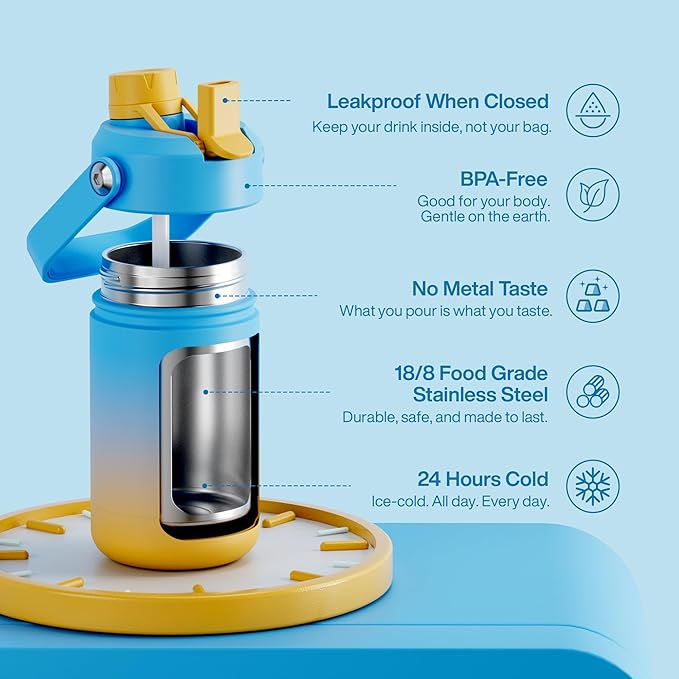 Kids Insualated Water Bottle with Straw - 12oz Stainless Steel Water Bottle with Dual Spouts, Leak-Proof, BPA-Free, Double Wall Vacuum Keeps Cold for 24 Hours for Sports, Travel, School (Sunny Breeze)