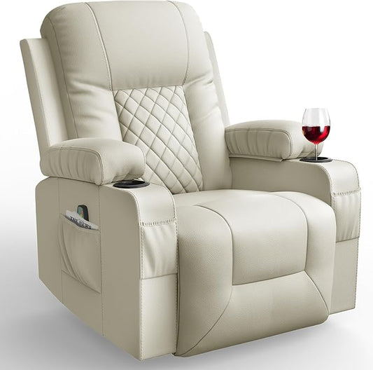 Recliner Chairs for Adults, Massage Rocker with Heated Modern Ergonomic Lounge 360 Degree Swivel Single Sofa Seat Living Room Lounge Recliners Ivory White