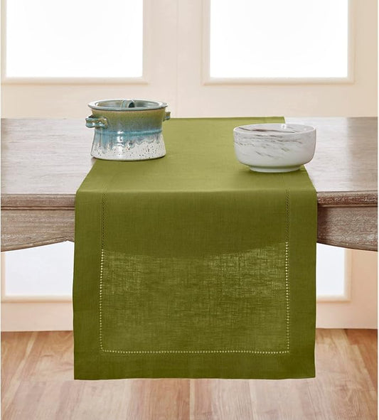Solino Home Linen Avocado Green Hemstitch Table Runner 48 Inches - 100% Pure Linen Small Table Runner 14 x 48 Inch Ideal for Dresser and Coffee Tables - Classic Hemstitch - Fall, Autumn, Thanksgiving