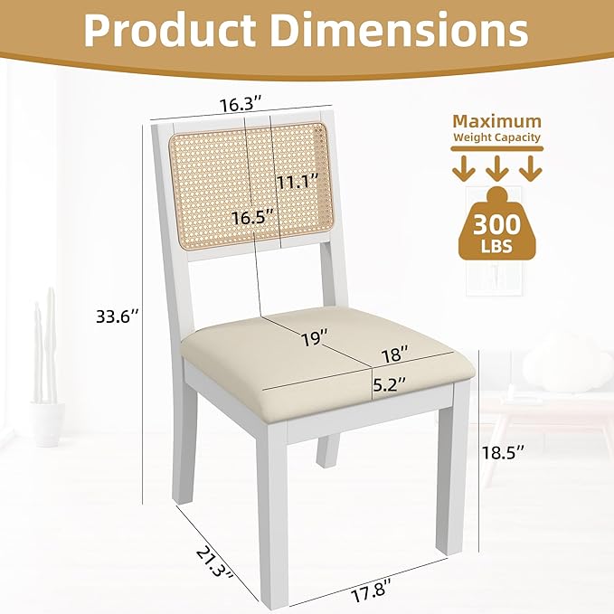Westice Rattan Dining Chairs Set of 6, Farmhouse Natural Dining Room Chairs with Upholstered Cushion, Wood Armless Chairs for Kitchen/Restaurant, White