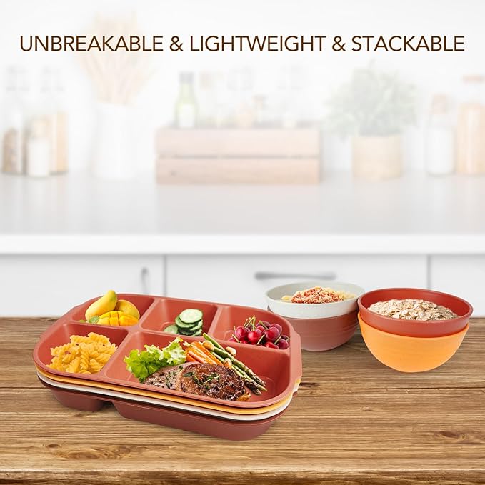 greenandlife 10.8 Inch 4PCS Divided Plates for Kids Adults, Portion Control Plates, Dishwasher & Microwave Safe Compartment Plate, Unbreakable Lightweight Reusable Wheat Straw Plates, Sunset