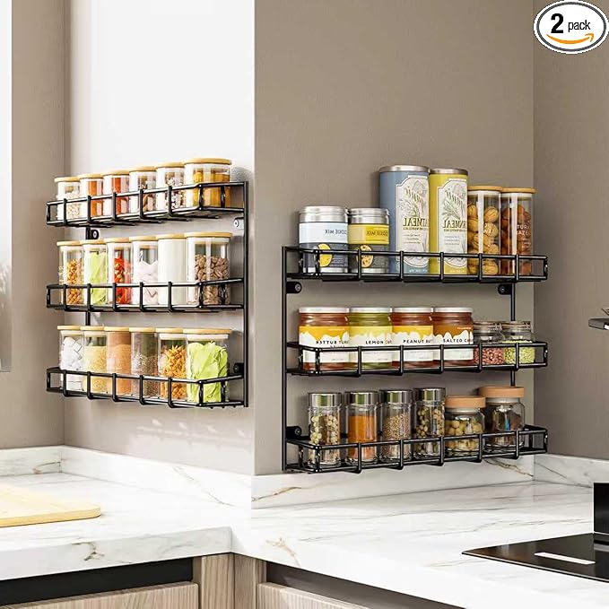 SUFAUY 2 Pack Spice Rack Wall Mount, 3 Tier Narrow Spice Rack Hanging Small Shelf for Cupboard, Black