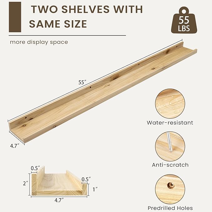 Floating Shelves for Wall, Picture Ledge Shelf 55 Inch Solid Wood Set of 2, Rustic Wall Shelves with Lip, Kids Bookshelf, Photo & Picture Live Edge Floating Shelves for Bedroom, Living Room, Kitchen