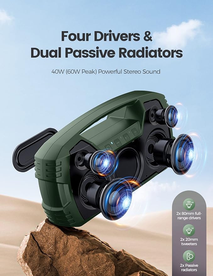 IPX7 Waterproof Bluetooth Speaker, 40W (60W Peak) Portable Wireless Speakers, 32H Playtime, Stereo Loud Sound, Deep Bass, Bluetooth 5.0, Built-in Mic for Camping, Party, Outdoor, Gifts, Beach-Green