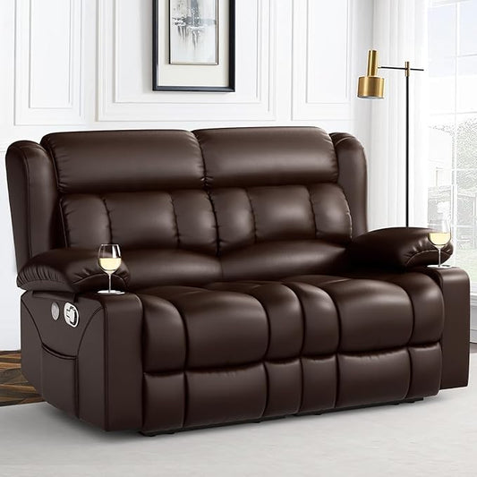 RV Loveseat Recliner Sofa, PU Leather RV Reclining Loveseat with USB Charge Ports, Cup Holders, 2 Seater Manual Pull Tab Recliner Sofa Couches for Living Room/RV, Brown