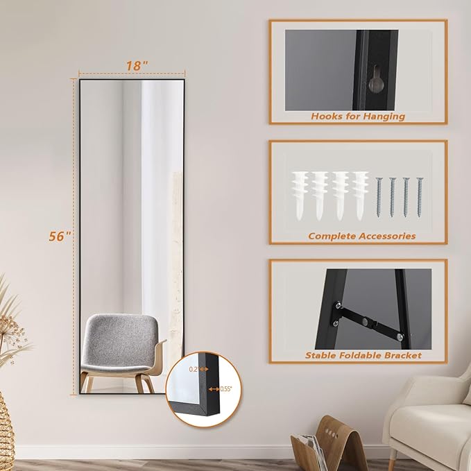 56"x18" Full Length Mirror, Free Standing Mirror Full Length Made of Tempered Glass, Black Floor Mirror for Bedroom Living Room Gym Dorm