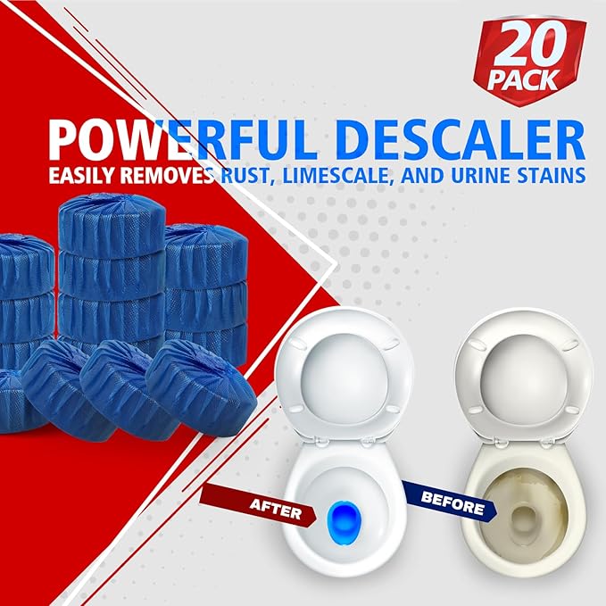 USKICH Toilet Bowl Cleaner Tablets 20 PACK, Bathroom Automatic Toilet Tank Blue Cleaners with Bleach, Slow-Releasing Household Toilet Cleaners for Deodorizing, Descaling, against Tough Stains